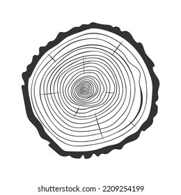 Tree rings icon. Trunk cross section outline texture. Dendrochronology method to determine tree age. Wooden surface doodle stamp isolated on white background. Vector hand drawn illustration
