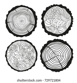 Tree rings. Mandala. Set of tree rings on isolation background. Conceptual graphics. Line art. Objects for design. Decorative style. Outline for polygraphy, printing, posters and other