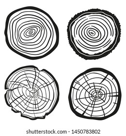 Tree Rings On White. Wood Cross Section. Print For Polygraphy, Banners, Posters And Other. Black And White Illustration For Your Design