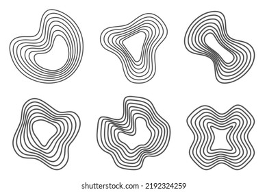 Tree Rings Organic Patterns. Topography Line Circles. Nature Wavy Contour Shapes. Topographic Vector Icons.