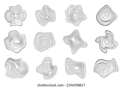 Tree rings organic patterns. Topography line circles. Nature wavy contour shapes. Topographic vector icons.