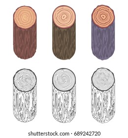 Tree rings saw cut tree trunk barrel bark decorative natural design elements set vector illustration