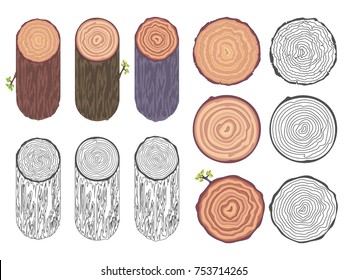 Tree rings saw cut tree trunk bark barrel natural decorative design elements set vector illustration