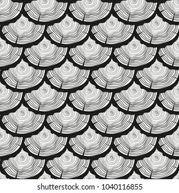 Tree rings. Seamless pattern. Set of tree rings on isolation background. Conceptual graphics. Line art. Objects for design. Decorative style. Texture for polygraphy, printing, posters and other