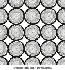 Tree rings. Seamless pattern. Set of tree rings on isolation background. Conceptual graphics. Line art. Objects for design. Decorative style. Texture for polygraphy, printing, posters and other