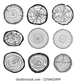 Tree rings. Set of cross section of the tree. Line art. Outline for polygraphy, banners, posters and other. Black and white illustration for design