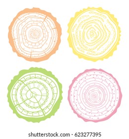 Tree rings. Set of cross section of the tree. Set of tree rings on isolation background. Conceptual graphics. Line art