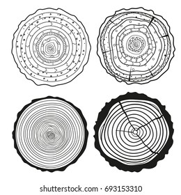 Tree rings. Set of cross section of the tree.Set of tree rings on isolation background. Conceptual graphics. Line art. Objects for design. Decorative style.Outline for printing, posters and other