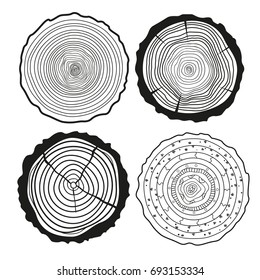 Tree rings. Set of cross section of the tree.Set of tree rings on isolation background. Conceptual graphics. Line art. Objects for design. Decorative style.Outline for printing, posters and other