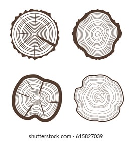 Tree Rings Set Saw Cut Trunk Element Eco Design Style for Web. Vector illustration