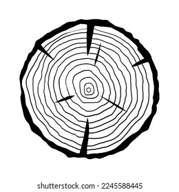 Icono vectorial de anillos de árbol. Silueta negra de tronco de árbol cortada sobre fondo blanco.