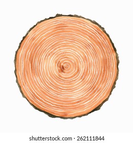 Tree Rings. Vector Image. Watercolor Illustration. Hand Drawn Natural Background. Painted Wood Texture. 