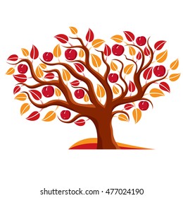 Tree with ripe apples, harvest season theme illustration. Fruitfulness and fertility idea symbolic image. 