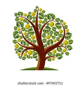 Tree with ripe apples, harvest season theme illustration. Fruitfulness and fertility idea symbolic image. 