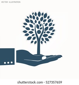 Tree, rising from an open palm. Tree in hand human. Environmentally friendly world. Environmental protection. Vector illustration of ecology the concept of info graphics modern design.