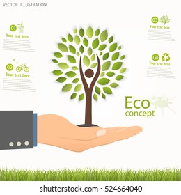Tree, rising from an open palm. Triangular recycling symbol around the globe. Environmentally friendly world. Vector illustration of ecology the concept of info graphics modern design.