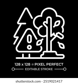 Tree risk white linear icon for dark theme. Falling leaves. Warning sign and trees. Environmental risk. Forest safety. Thin line illustration. Isolated symbol for night mode. Editable stroke