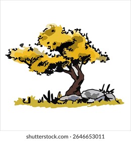 Árvore com pedras e desenho de grama. Bom para ilustração de livro, cartaz ou cartão-postal