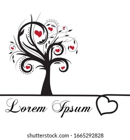 tree with romantic swirl branches and red hearts, vector
