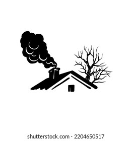 
Tree and roof of a rural house with a chimney and black smoke.Hand draw vector illustration. Heating houses with coal.