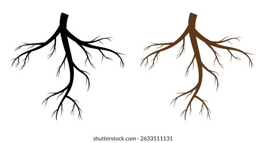 Tree root icon set. Plant root system. Tree stump icon set. Realistic black roots illustration. Silhouette Vector illustration in eps 10.