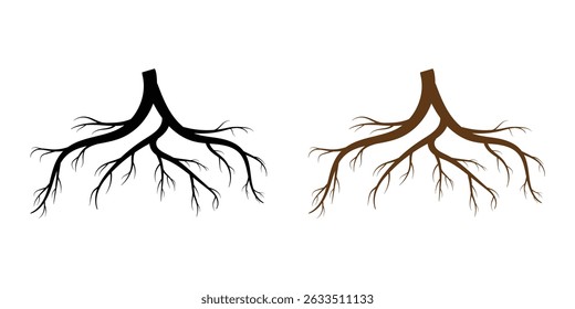 Tree root icon set. Plant root system. Tree stump icon set. Realistic black roots illustration. Silhouette Vector illustration in eps 10.