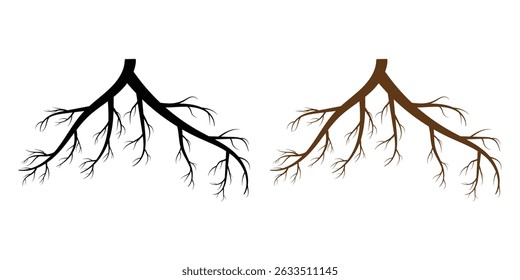 Tree root icon set. Plant root system. Tree stump icon set. Realistic black roots illustration. Silhouette Vector illustration in eps 10.