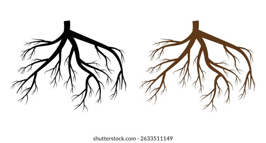 Tree root icon set. Plant root system. Tree stump icon set. Realistic black roots illustration. Silhouette Vector illustration in eps 10.
