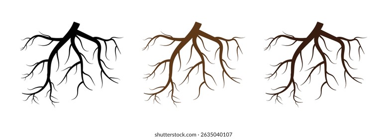 Tree root icon set. Plant root system. Tree stump icon set. Realistic black roots illustration. Silhouette Vector illustration in eps 10.	
