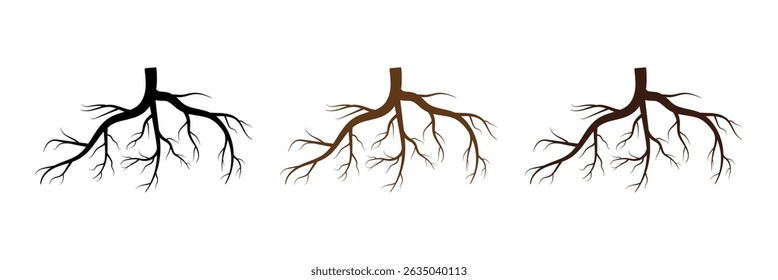 Tree root icon set. Plant root system. Tree stump icon set. Realistic black roots illustration. Silhouette Vector illustration in eps 10.	
