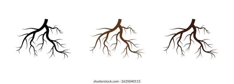 Tree root icon set. Plant root system. Tree stump icon set. Realistic black roots illustration. Silhouette Vector illustration in eps 10.	
