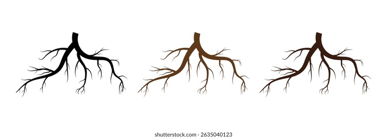 Tree root icon set. Plant root system. Tree stump icon set. Realistic black roots illustration. Silhouette Vector illustration in eps 10.	
