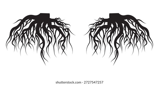 Conjunto de iconos de raíz de árbol. Silueta de raíz de árbol sobre fondo transparente. Ilustración aislada de la Plantilla del diseño del logotipo del icono de la raíz. Conjunto de EPS 10.