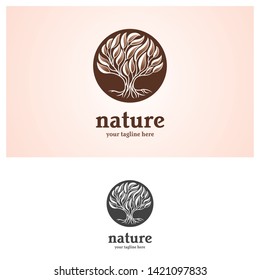 Tree and root logo template and illustration, teamwork concept in one logo design, growth company. - Vector.