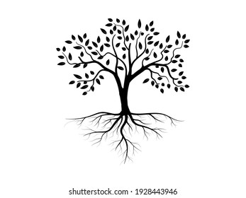 Tree and root silhouette isolated on white background. Tree and roots LOGO style.