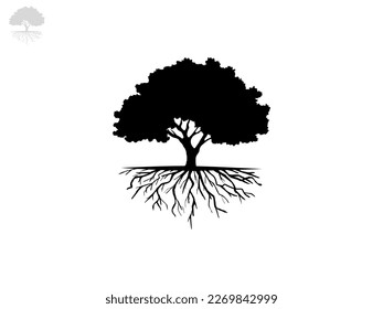 Tree and root silhouette isolated on white background. Tree and roots LOGO style.