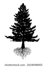 Tree and root silhouette isolated on white background. Tree and roots LOGO style.