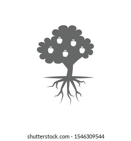 Tree with root system and apple fruit. Stock Vector illustration isolated on white background.