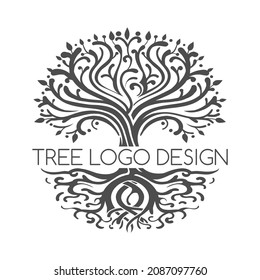 Tree Rootes Logo. Circle Forest Wood Branding Symbol For Organic Life Conservation Garden Concepts, Rooted And Leaves Brand Design