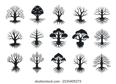 Tree with roots black minimalist silhouette icon set vector flat illustration. Growing nature wooden plant with trunk branch and leaves seasonal lush foliage new life environmental conservation