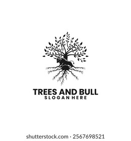 Tree roots and Bull logo vector illustration. Business logo with Bull and Tree of life logo design inspiration
