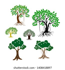 Tree and roots cartoon drawing vector illustration design with fresh green leaves