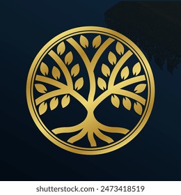 Tree with roots circle logo, icon. Golden badge. Modern eco, organic, nature symbol. Abstract plant, tree of life emblem design. Vector illustration.