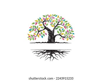 Tree and roots with colorful leaves, abstract tree logo in circle shapes