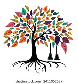 tree with roots and colorful leaves hanging branches white background svg