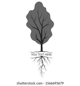 Tree with roots design template. Vector isolated Illustration of branch and leaves silhouettes.