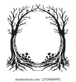 Tree roots forming a circular frame with mushroom silhouettes. Abstract forest nature design in black minimal style. Clean and scalable vector illustration.