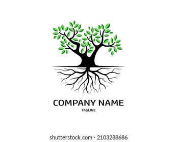 El árbol y las raíces con hojas verdes se ven hermosos y refrescantes. Estilo LOGO de árbol y raíces.