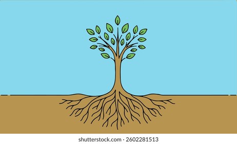 Tree with roots green leaves. Soil blue sky simple line art. Ecology nature environment illustration. Minimalist design flat lay vector illustration