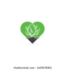 Tree roots heart shape vector logo design. Tree and roots nature love vector logo design template.